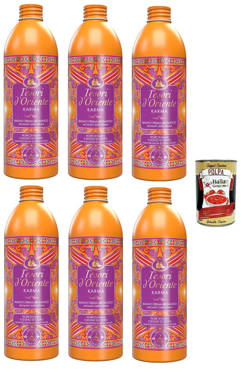 Tesori d'Oriente Karma Cream Bath, Bubble Bath with Floral Notes of Nashi and Cedar Wood, Gently Cleanses the Skin, Relaxing, 6 x 500 ml + Italian Gourmet Polpa 400 g