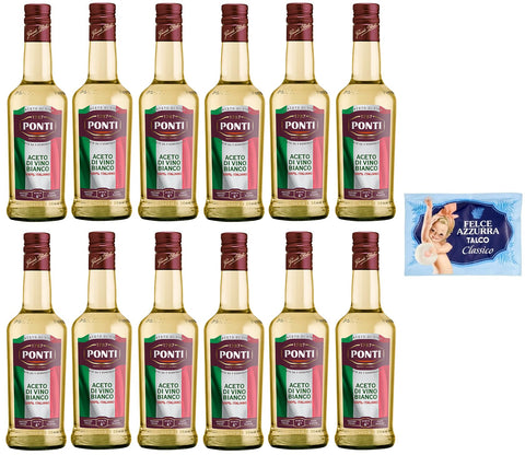 Pack of 12 Ponti White Wine Vinegar, Aceto di Vino Bianco Italiano, 100% Italian Vinegar, 500 ml Glass Bottle + 1 Pack Free Felce Azzurra Talcum Powder, 100 g Bag