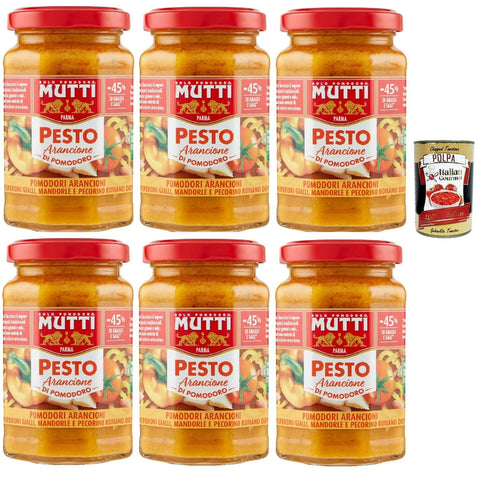 Mutti Pesto arancione di pomodoro, -45% of fat, pesto with yellow cherry tomatoes, almonds and pecorino cheese 6x 180g + Italian Gourmet polpa 400g