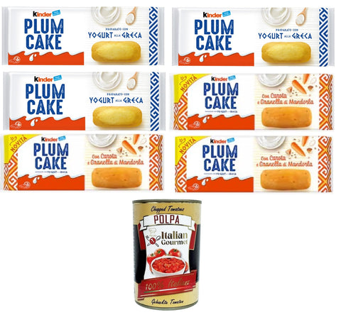 Children's Test Pack Plumcake with Carota e Granella di Mandorla, Alla Greca, Plum Cake with Carrot and Almond Crumbs, Greek Style, 6 x 192 g + Italian Gourmet Polpa di Pomodoro