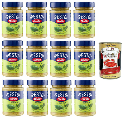 Barilla Pesto Basilico e Rucola Condimento e Sugo per Pasta Pesto Basil Rucola Spice and Sauce for Pasta 12 x 190 g + Italian Gourmet Polpa 400 g