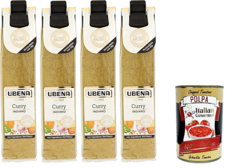 Ubena, Curry Indiano, Indian Curry, Spice Mix for Rice Dishes, Coconut Milk, Fish, Meat and Legumes, 4 x 24 g Bag in Clip Format + Italian Gourmet Polpa 400 g