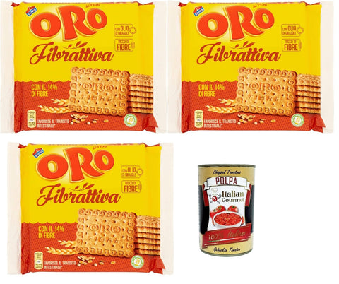 Oro Saiwa Fibrattiva, Breakfast Biscuits, Biscuits with Whole Grain Flour, Biscuits with 14% Fibre, 3 x 400 g + Italian Gourmet Polpa 400 g
