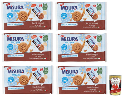 Misura Dolcesenza, Biscotti Integrali con Cereali, Whole Grain Biscuits with Cereal, No Added Sugar, 280 g, Italian Gourmet Polpa di Pomodoro, 400 g Tub, Pack of 6
