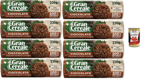 GranCereale Cioccolato 8 x 330 g | Whole Grain Biscuits with Dark Chocolate & Hazelnuts - 100% Italian Wheat - Recyclable Pack 2.64 kg + Italian Gourmet Polpa