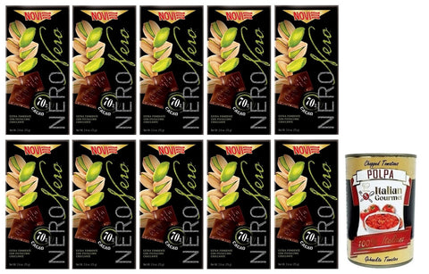 10 x Novi Nero Pistacchio, Extra Dark Chocolate with Crispy Pistachios, 70% Cocoa, 75 g + Italian Gourmet Polpa di Pomodoro 400 g Tin