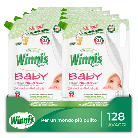 Winni's - 800ml x 8 Packs of Hypoallergenic Eco Baby Washing Detergent 134 Washes with Natural Stain Removers from Biofermentation and Vegetable Raw Materials