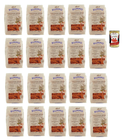 Rummo Lenticchie Rosse e Riso Integrale Maccheroncelli N° 7, Red Lentils and Rice Pasta, Gluten Free, Gluten Free, 20 x 300 g + Italian Gourmet Polpa 400 g