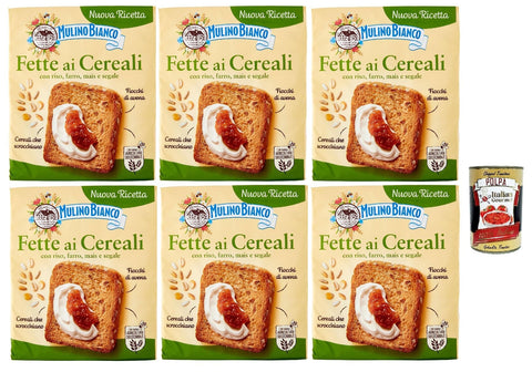 Mulino Bianco Fats Biscottate Ai Cereali 6 x 315 g Grain Rusks, Breakfast Biscuits, Rusks Baked Bread + Italian Gourmet Polpa 400 g