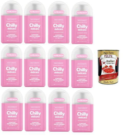 Chilly, Gentle Intimate Cleanser, Comfort for Sensitive Skin, with Anti-Odor, for Intimate Hygiene, Enriched with Aloe and Witch Hazel 12 x 200 ml + Italian Gourmet Polpa 400 g