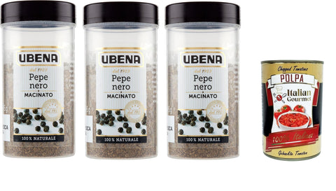Ubena, Pepe Nero Macinato Ground Black Pepper, Suitable for Sweet and Savoury Dishes, Cold and Hot Preparations, 3 x 95 g + Italian Gourmet Polpa 400 g