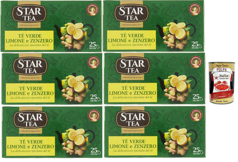 Tè Star Green Tea with Lemon and Ginger, Pack of 25 Filters, a Fine Blend with a Rich and Fascinating Flavour, 6x 42.5g + Italian Gourmet Polpa 400g