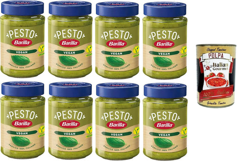 Barilla Pesto Di Basilico Vegan Condimento e Sugo per Pasta Vegan Basil Pesto Spice and Pasta Sauce 8 x 190 g + Italian Gourmet Polpa 400 g