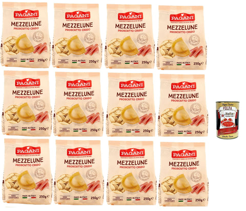 Pagani Pasta all' Uovo Mezzelune with Prosciutto Crudo, Egg Noodles with Parma Ham, Pasta with Egg 12 x 250 g + Italian Gourmet Polpa 400 g
