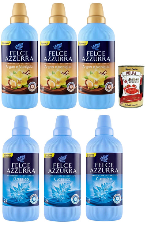 Felce Azzurra Fabric Softener Concentrate Test Pack Classico and Argan and Vanilla, Sensual Fragrance 24 Washes 6 x 900 ml + Italian Gourmet Polpa 400 g