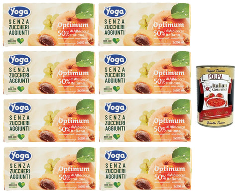 8 x Yoga Succhi di Frutta Optimum Albicocca, Fruit Juice Apricot, No Added Sugar, Alcohol-Free Soft Drink 3 x 200 ml + Italian Gourmet Polpa di Pomodoro 400 g Tin