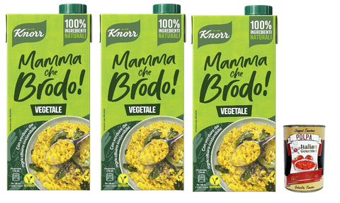 3 x Knorr Mamma Che Brodo! Prepared Vegetable Broth, 100% Natural Ingredients, Gluten-Free and Lactose, with Sustainable Agricultural Vegetables - 1 Litre + Italian Gourmet Polpa 400 g