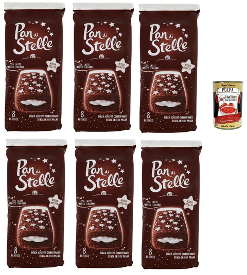 Pan di Stelle La Merenda 6 x 280 g (48 Snack Cakes) - Cocoa Sponge Cake with Milk Cream, No Palm Oil & Preservatives, Individually Wrapped, Family Supply + Italian Gourmet Polpa