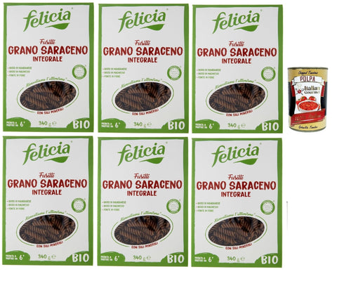 Felicia Fusilli di Grano Saraceno Integrale, Pasta with 100% Buckwheat, Naturally Gluten Free, Pack of 6 x 340 g + Italian Gourmet Polpa di Pomodoro 400 g Tin