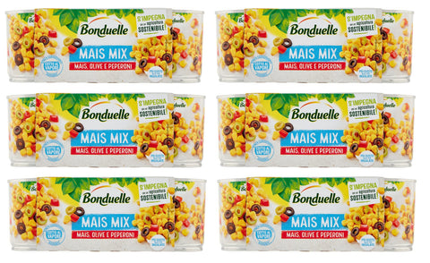 6 x Bonduelle Maize Mix Maize Olive e Pepperoni Sweet and Crispy Corn with Olives and Peppers (3 x 170 g)