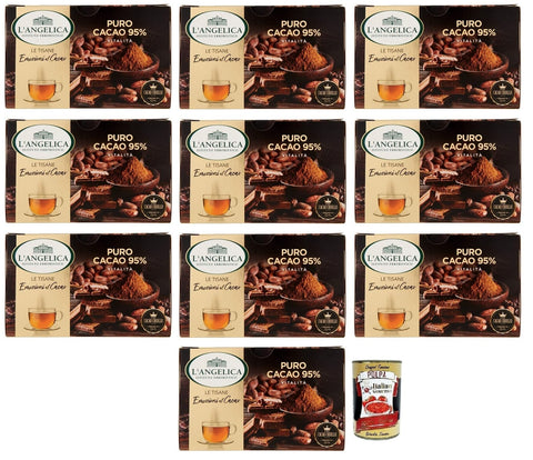 10x L' Angelica Tisana Puro Cacao Vitalità, Pure Cocoa Herbal Tea 95%, Pack of 15 Filters + Italian Gourmet Polpa di Pomodoro 400g Tin