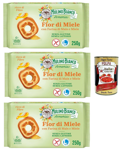 Mulino Bianco Fior di Miele Biscotti Frollini, Biscuits with Millefiori Honey, Gluten Free Biscuits with Corn Flour, Lactose Free, Gluten and Palm Oil, Mulino Armonia, 3 x 250 g + Italian Gourmet
