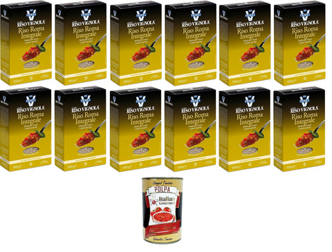 Vignola Riso Roma Integral Whole Grain Rome Rice Ideal for Risottos and Special Dishes 12 x 1 kg + Italian Gourmet Polpa 400 g