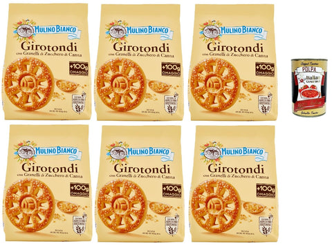 Mulino Bianco Girotondi Biscotti con Granelli di Zucchero di Canna, Biscuits with Sugar Grains, Palm Oil, Breakfast Full Flavour, Buscits Cookies 6 x 800 g + Italian Gourmet Polpa 400 g