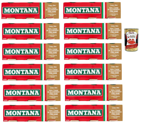 12 x Montana linea oro beef in aspic tins 3 x 90 g 100% Italian meat, aspic meat + Italian gourmet polpa 400 g
