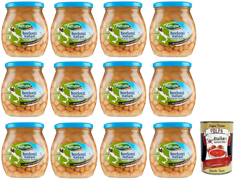 12 x Valfrutta Fagioli Borlotti, Italian Borlotti Beans, Legume Vegetable Boiled Beans, Glass 570 g + Italian Gourmet Polpa di Pomodoro 400 g Tin