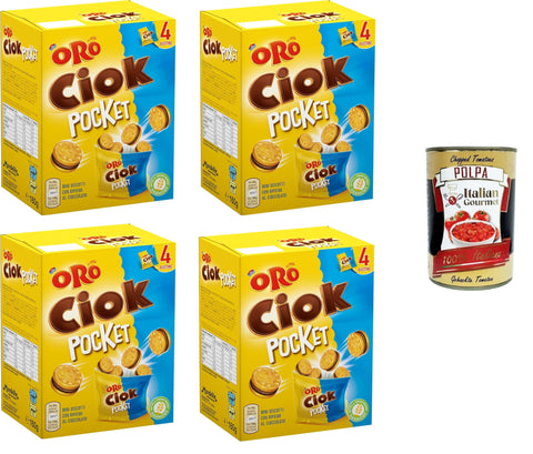 Oro Ciok Pocket, Mini Biscuits Filled with Delicious Milk Chocolate Cream, Simple and Delicious Snack, No Colourants and Preservatives, 4 x 160 g + Italian Gourmet Polpa 400 g