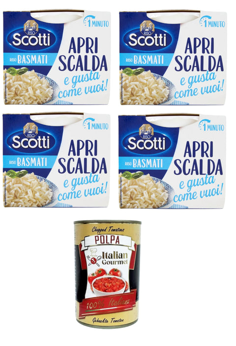 Riso Scotti, Riso Basmati Apri, scalda e gusta come vuoi Basmati Rice Open, heat and enjoy as desired 4 x 200 g + Italian Gourmet Polpa 400 g