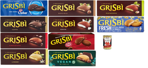 Grisbì Mix Box - 10 Varieties | Italian Filled Biscuits: Cioccolato, Nocciola, Pistacchio, Caffè, Cocco, Limone, Vegan Gianduia, Ciobar, KitKat, Fresh Citrus + Italian Gourmet Polpa 400g
