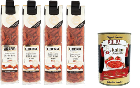 Ubena Peperoncini Bird's Eye Interi, Whole Bird's Eye Chili Peppers, Intensive Sharpness, Ideal for Exotic Dishes, Gyros and Chili con Carne, 4 x 12 g Clip Bag Format + Italian Gourmet Polpa 400 g