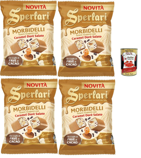 Sperlari Morbidelli Caramel Doré Salato with Cocoa Bean Chips - Soft Nougat with Almonds & Salt Caramel, 4 x 117 g Bag, Italian Chocolates + Italian Gourmet Polpa