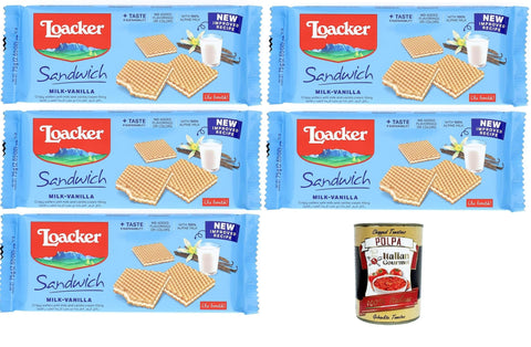 Loacker - Milk Vanilla Sandwich - Waffle Biscuits with a Heart of Milk and Vanilla Cream Wrapped by 2 Crispy Cocoa Wafers 5 x 75 g + Italian Gourmet Polpa di Pomodoro 400 g