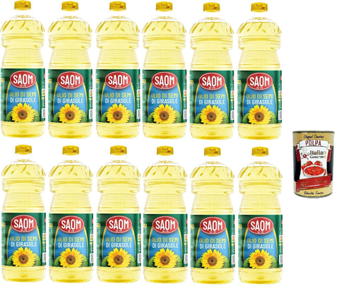 Saom Olio di Semi di Girasole Sunflower Oil Cooking Oil 100% Italian Oil Tin 12 x 1 Litre + Italian Gourmet Polpa 400 g
