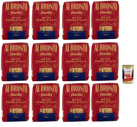 Barilla Al Bronzo Mezze Penne Rigate 12 x 500 g - Rough & Bronze Drawn for Extra Sauce Adhesion, Italian Durum Wheat Pasta Storage Pack + Italian Gourmet Polpa