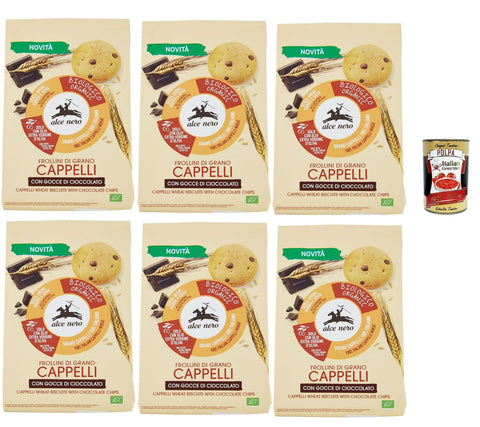 Alce Nero Frollini di grano Cappelli con gocce di cioccolato wheat biscuits with dark chocolate drops biscuits 6 x 250 g + Italian gourmet polpa 400 g