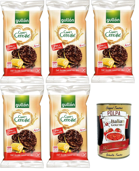Gullon Cuor di Cereale Gallette di Mais Ricoperte di Cioccolato Fondente Cuor di Cereal Corn Cake Covered with Dark Chocolate 5 x 100 g + Italian Gourmet Polpa 400 g