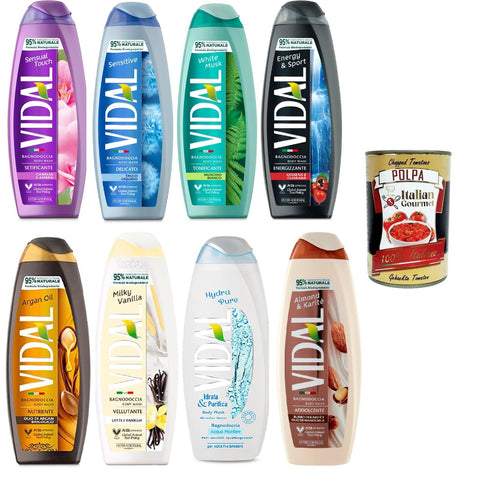 Vidal Bagnoschiuma Test Pack, Bubble Baths Bath Shower Foam 8 x 500 ml + Italian Gourmet Polpa 400 g
