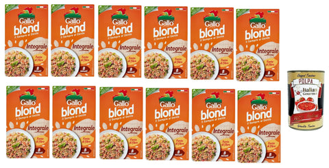 12 x Riso Gallo, Riso Blond Integrale, Full Rice, Fibre Source, Taste and Wellness, Parboiled Method, Ideal for Healthy Dishes, Cooking 8 Minutes, 500 g + Italian Gourmet Polpa 400 g