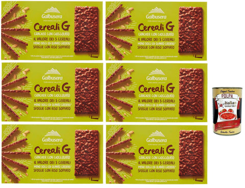 Galbusera CerealiG cracker ai 5 cereali con riso soffiato ricoperte di cioccolato, 5 cereal crackers with used rice covered with chocolate 6 x 150 g + Italian Gourmet polpa 400 g