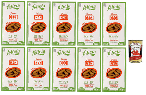 Felicia, Penne ai Ceci, Chickpeas Penne, Pasta Rich in Proteins, Fibre and Mineral Salts, Rich in Phosphorus, Iron and Zinc, Gluten-Free, Vegan, 10 x 250 g + Italian Gourmet Polpa 400 g