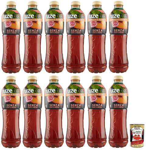12 x FUZE TEA Senza Zuccheri Pesca, Sugar Free, Black Tea, Peach and Roses Iced Tea, Soft Drink, Alcohol-Free, Disposable PET Bottle 1.25 Litres + Italian Gourmet Polpa di Pomodoro 400 g Tin