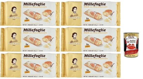 Matilde Vicenzi millefoglie snack alla crema pasticcera, puff pastry baking, crispy and delicate, snack filled with pudding cream, 6 x 125 g + Italian gourmet polpa 400 g