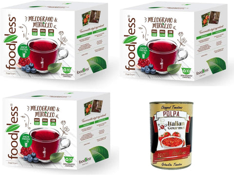 FoodNess - Blueberry and Pomegranate Herbal Tea Capsule Dolce Gusto Compatible Gluten-Free Drink with Sour and Sour Flavour, 3 Box of 10 Capsules + Italian Gourmet Polpa 400 g