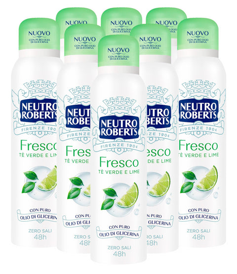 Neutro Roberts Deodorant Spray Fresh Green Tea and Lime 48h Without Aluminium Salts for Natural Skin Transpiration Powder-Free Formula Leaves No Stains on Clothes – 8 Bottles of 150 ml