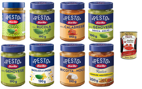 Sugo Pesto Megapack 8 x 190 g, Genovese, Senz'aglio, Mediterraneo, Alla Calabrese, Lime, Pistacchio, Rucola, Ricortta e Noci, Glutine Free + Italian Gourmet Polpa 400 g