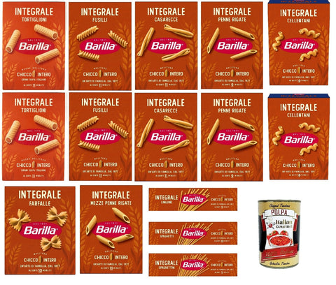 Barilla Integrale Variety Mix - 15 × 500g Whole Grain Durum Wheat Pasta (Fusilli, Penne Rigate, Casarecce, Tortiglioni, Cellentani, Farfalle, Mezze Penne, Linguine, Spaghetti) + Italian Gourmet Polpa